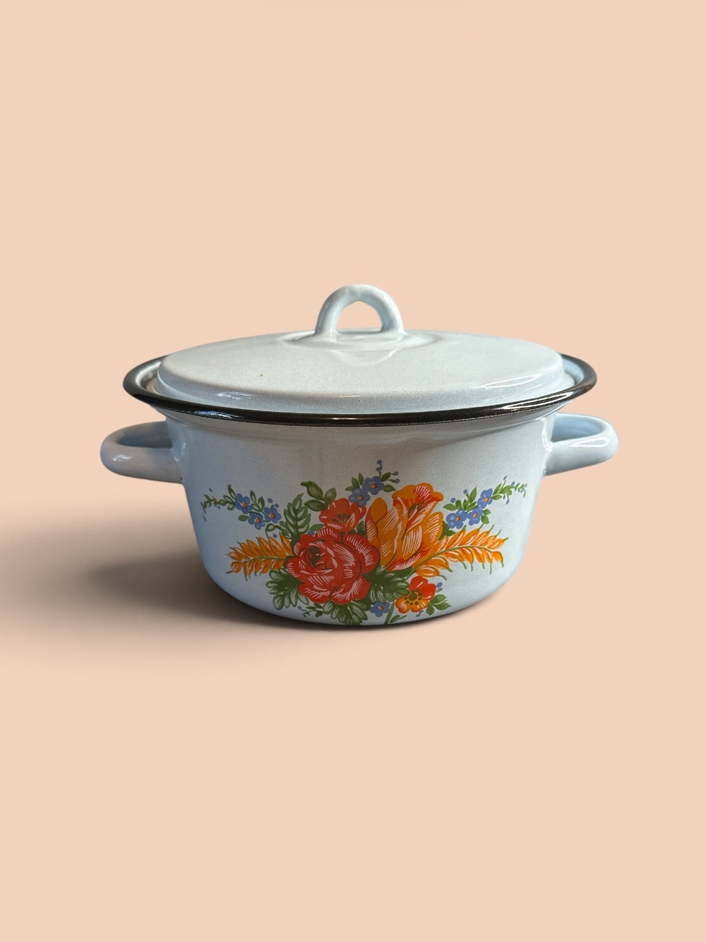 Vintage light blue enamel pot with lid roses print